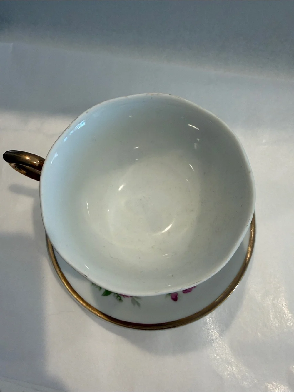 Music Box Porcelain Teacup and Saucer Pink Rose Motif and Gold Trim Japan